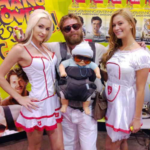 Two attendees wearing nurses costumes posing for photo with Zach Galifianakis impersonator at event | Altus Entertainment