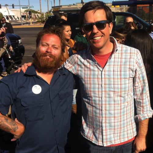 Zach Galifianakis impersonator posing with Ed Helms at outdoor private event | Altus Entertainment