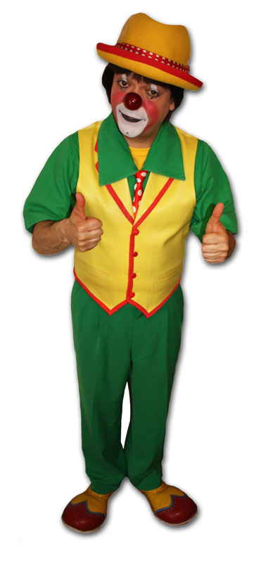 High angled picture of clown performer in Japan giving two thumbs up to camera prior to private performance | Altus Entertainment