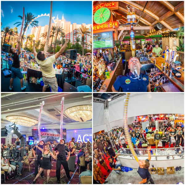 Collage style picture of Las Vegas flair bartenders performing at different bartending events | Altus Entertainment
