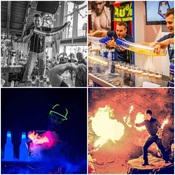 Collage of different pictures of Las Vegas flair bartenders pouring drinks and using smoke and fire during bartending | Altus Entertainment